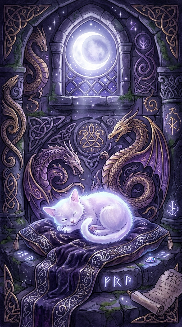 月光と魔法の光に包まれた白猫のファンタジーイラスト・復讐と溺愛をテーマにした象徴的なシーン